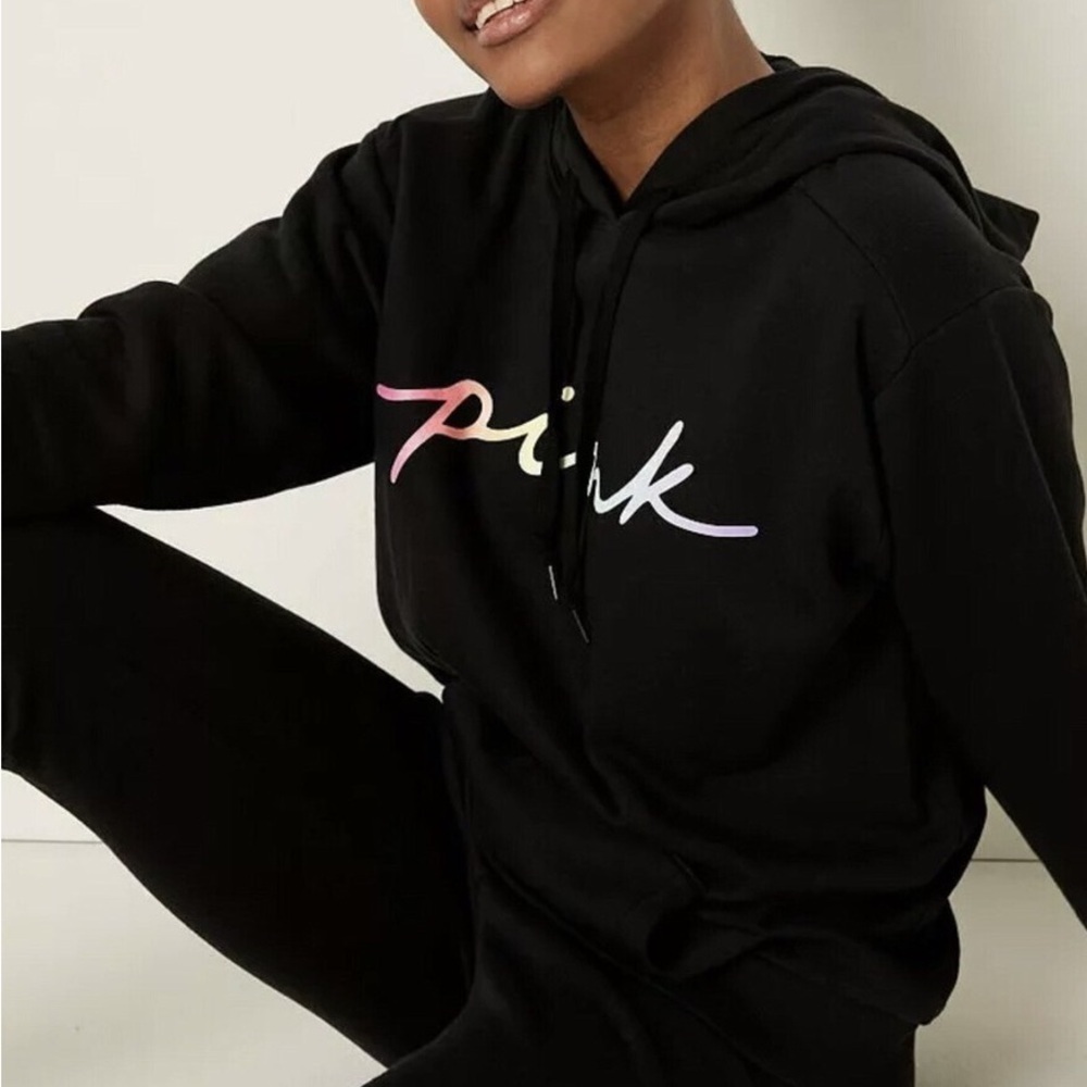 Victoria’s Secret Pink Black Fleece Cropped Cinched Campus Hoodie Size L